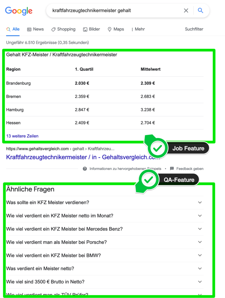 Bild was den Unterschied zwischen Job Feature und QA-Feature aufzeigt in Form einer farblichen Umrandung auf einem Screenshot einer Google Suchanfrage