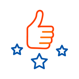 Icon für Bewertung zu sehen sind 3 blaue Sterne die für Bewertung stehen und darüber eine orange Hand die den Daumen nach oben zeigt.