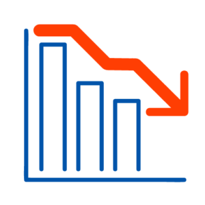 Icon mit Balkendiagramm und einem Pfeil der nach unten zeigt. Die Darstellung soll die Kostensenkung darstellen.