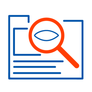Icon für Suchoptimierung zu sehen ist ein Aufbau einer Webseite in blauen Linien minimalisiert dargestellt mit einer orangen Lupe in deren Glas ein Auge abgebildet ist.