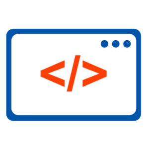 Icon zur Webentwicklung zu sehen ist ein blaues Programmfenster mit einem orangen Symbol in der Mitte. Als Symbol sind zwei spitze Klammern zu sehen die nach rechts und links zeigen und durch ein schrägen Strich getrennt sind.